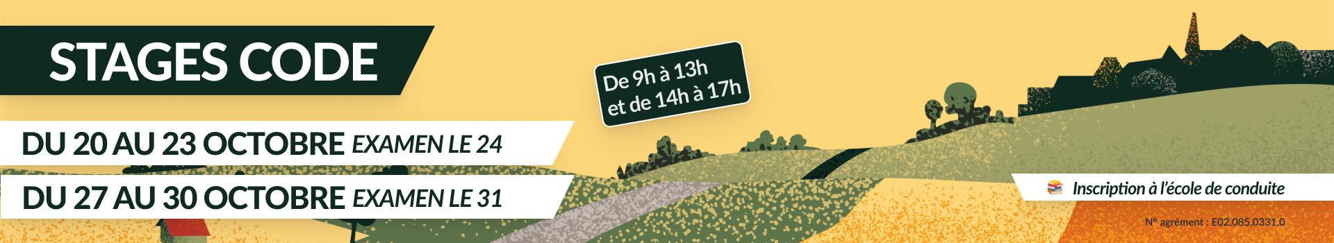 Bannière des stages intensifs de Code de la Route organisés par l’auto-école CEFR à Fontenay-le-Comte pendant les vacances de la Toussaint 2025 : session du 20 au 23 octobre avec examen le 24 et session du 27 au 30 octobre avec examen le 31.
